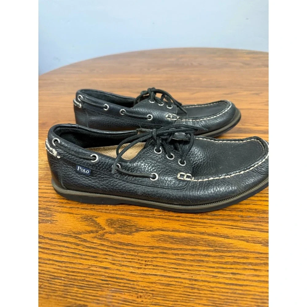 Men's Black Leather Polo Boat Loafers, Black Size 8
